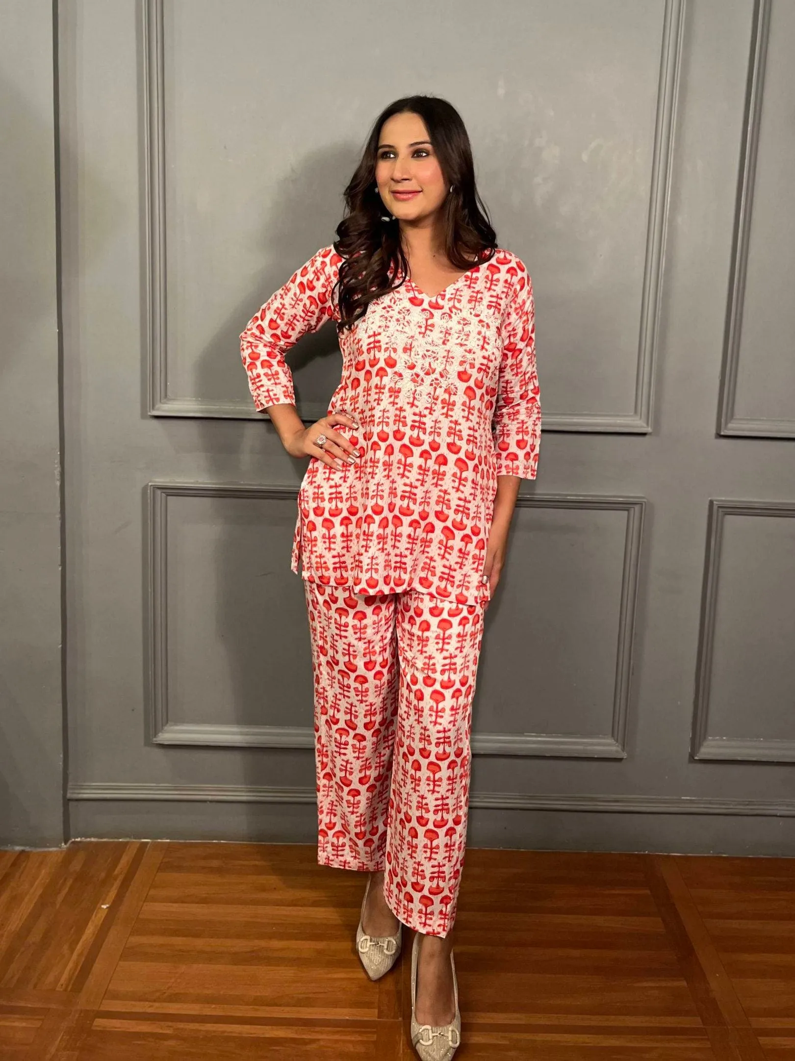 White-Red Embroidered Set