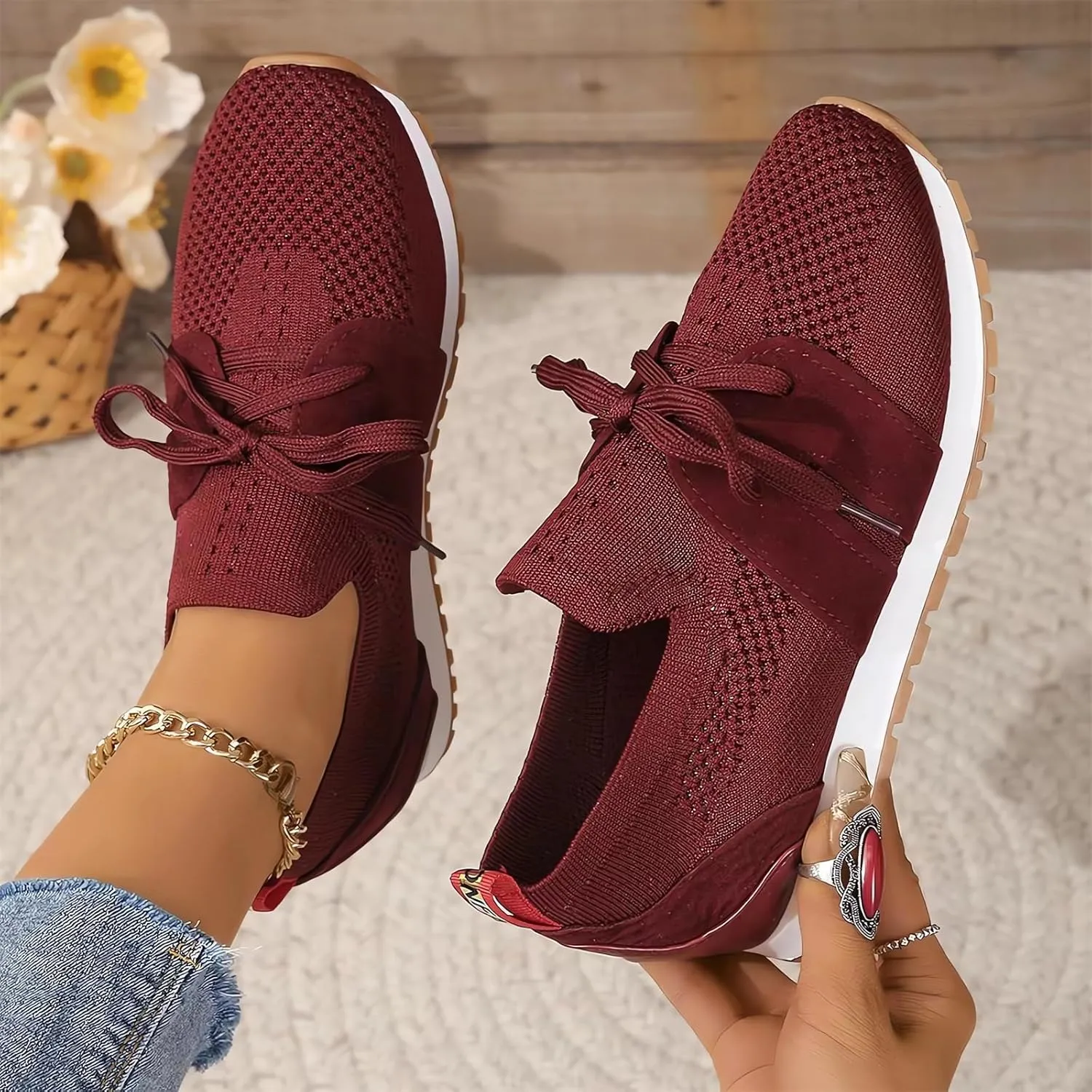 Women's Breathable Flying Woven Sneakers Orthopedic Slip on Go Walking Shoes Comfortable Non Slip Tennis Work Gym Running Memory Foam Arch Shoes