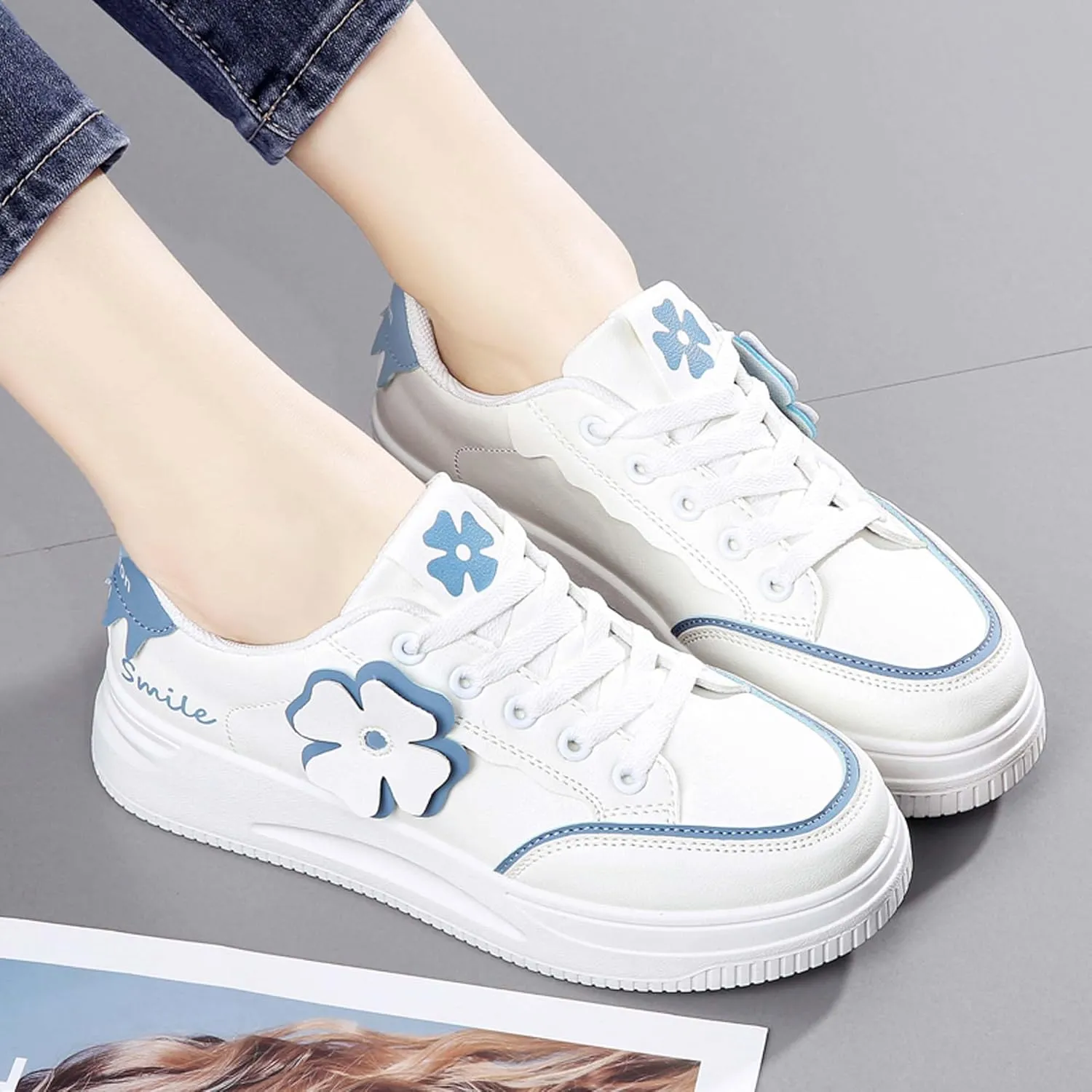 Women's Fashion Flower Flat Sports Skateboarding Shoes Anti Slip Shock Absorbing Tennis Shoes Ultra Light Breathable Casual Walking Shoes