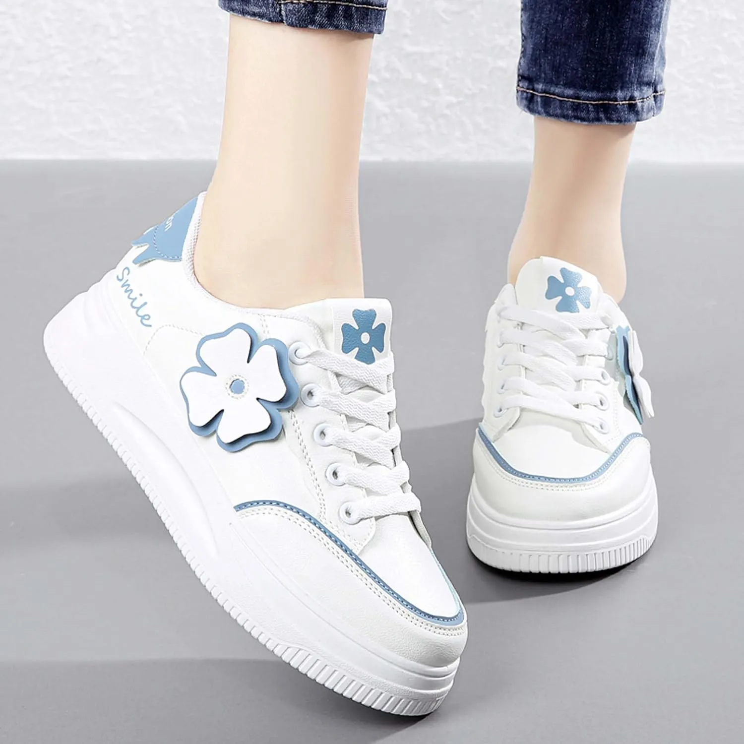 Women's Fashion Flower Flat Sports Skateboarding Shoes Anti Slip Shock Absorbing Tennis Shoes Ultra Light Breathable Casual Walking Shoes