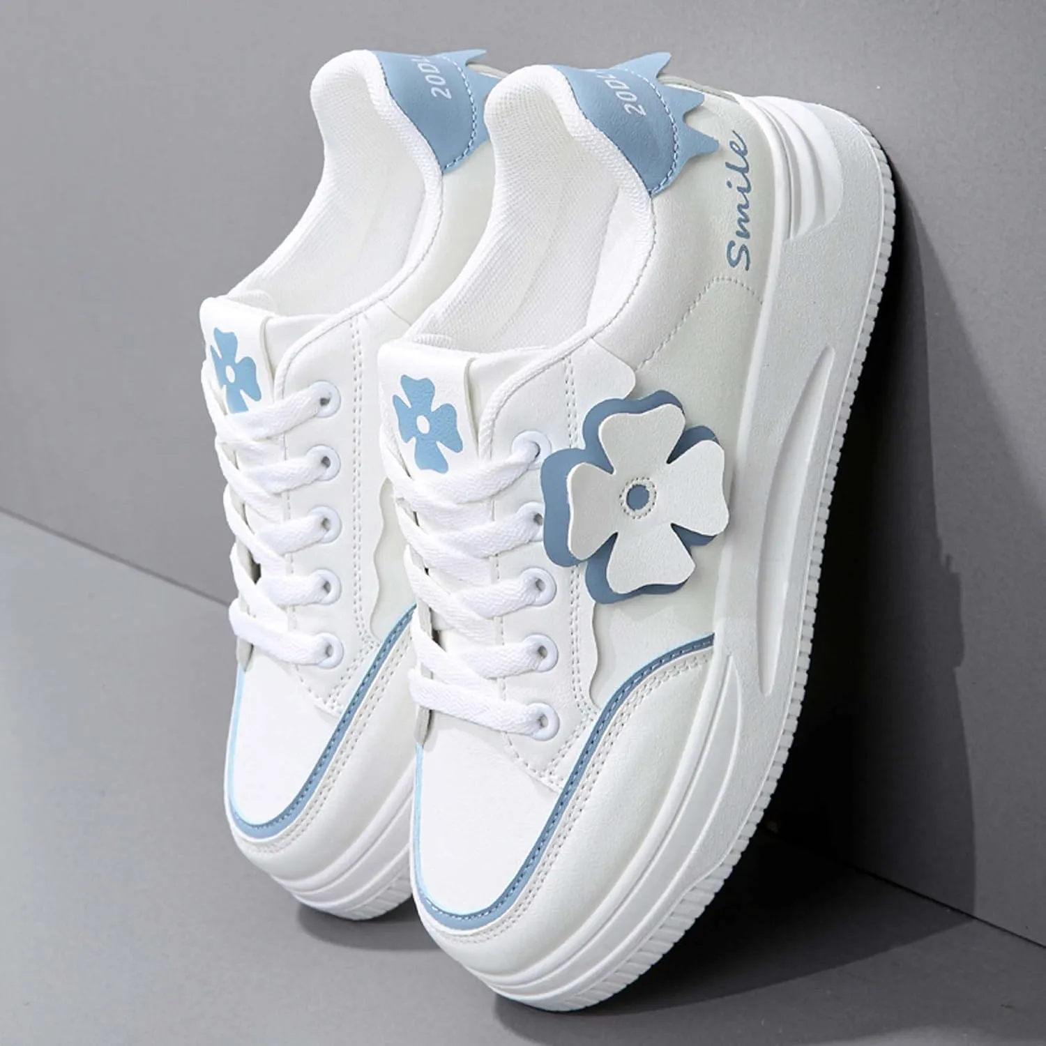 Women's Fashion Flower Flat Sports Skateboarding Shoes Anti Slip Shock Absorbing Tennis Shoes Ultra Light Breathable Casual Walking Shoes