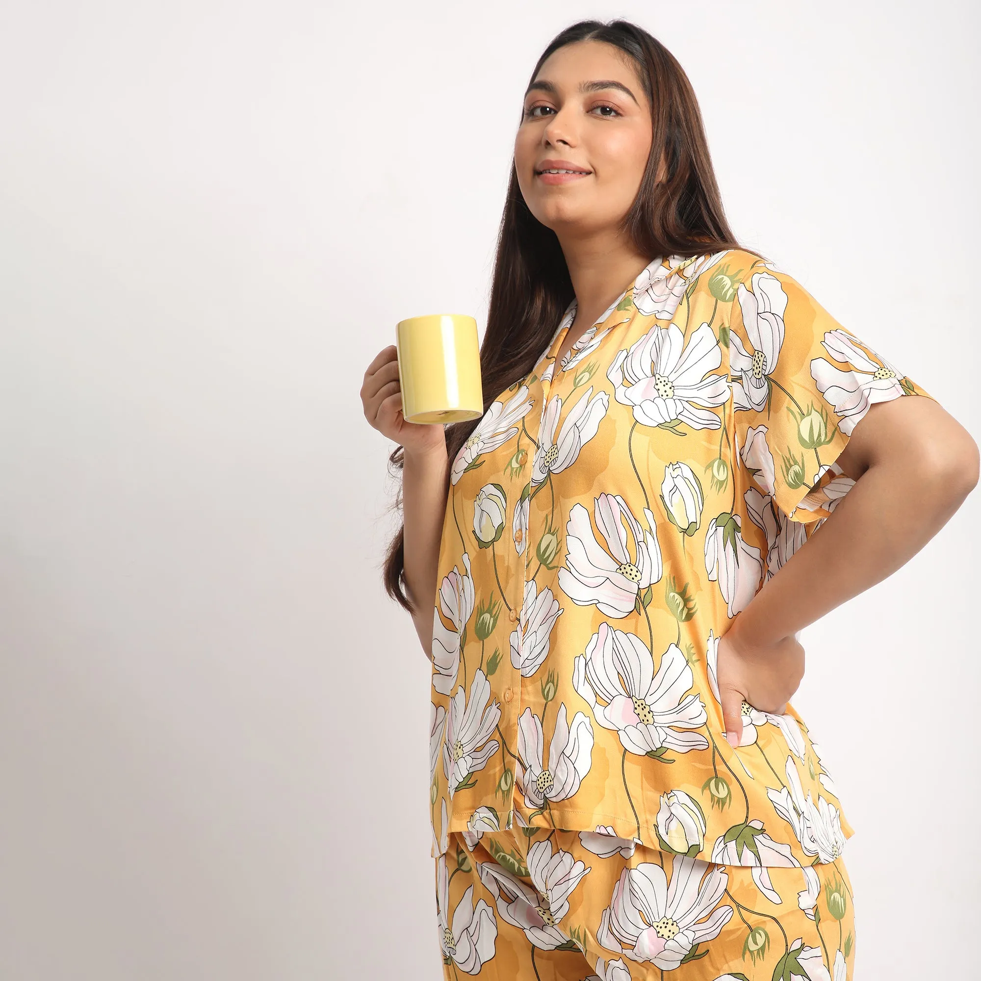 Yellow Floral Print Viscose Satin Short Set