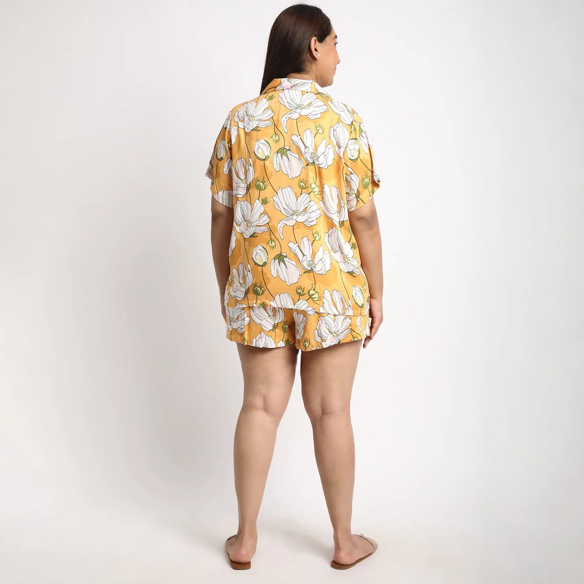 Yellow Floral Print Viscose Satin Short Set