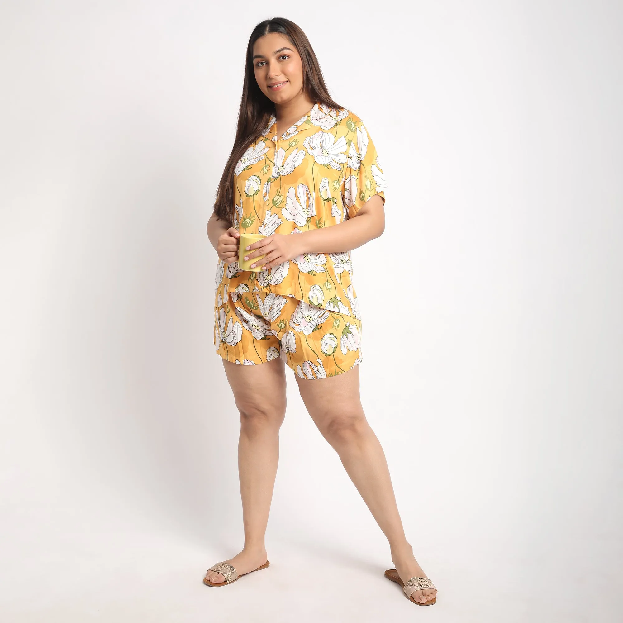 Yellow Floral Print Viscose Satin Short Set