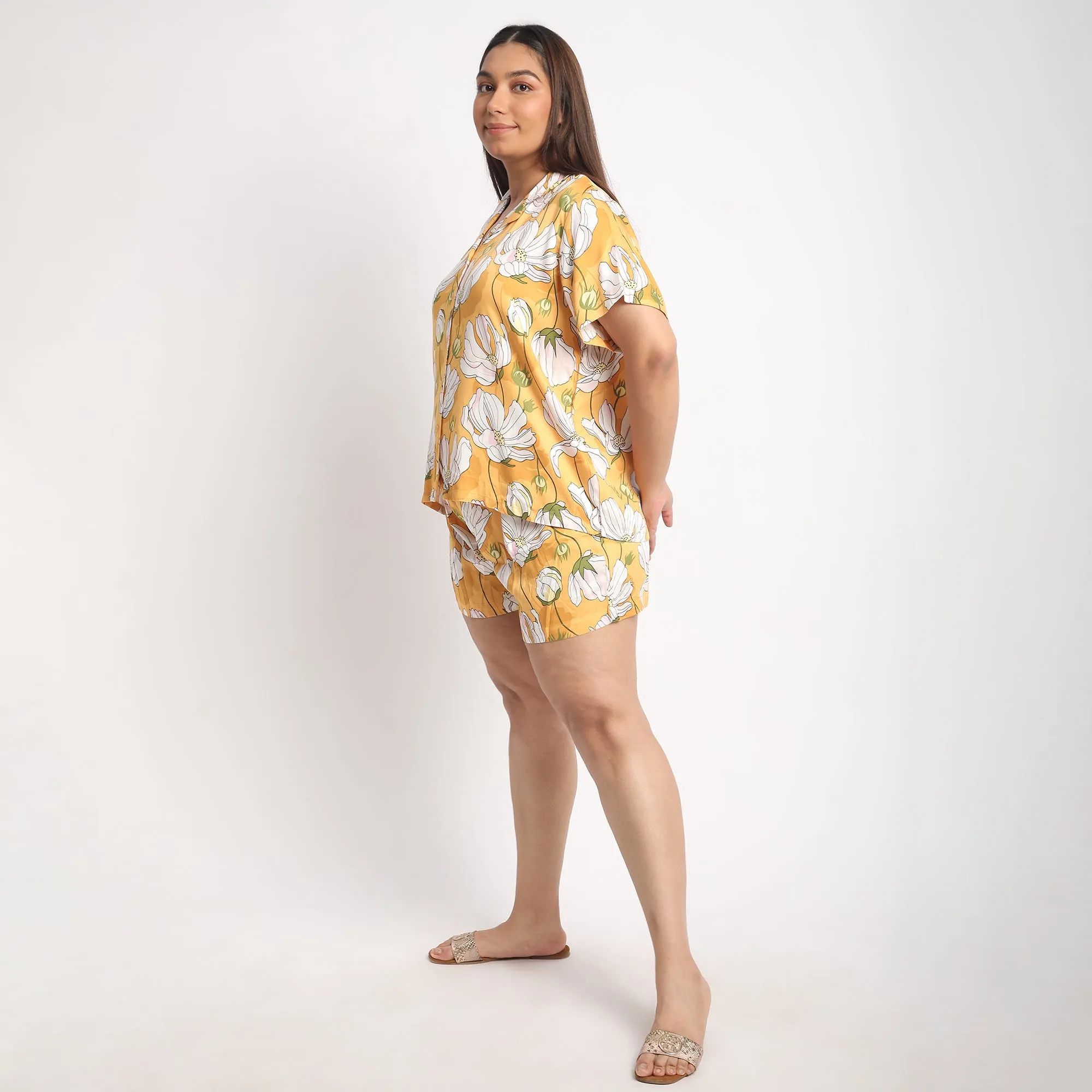 Yellow Floral Print Viscose Satin Short Set